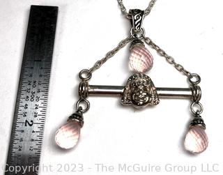 Vintage Sterling Silver Italian Mascaron Mask Pendant with Rose Quartz on Chain Necklace