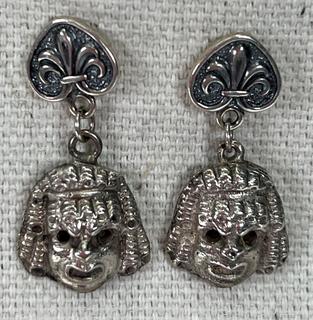 Vintage Sterling Silver Italian Mascaron Mask Dangle Earrings