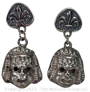 Vintage Sterling Silver Italian Mascaron Mask Dangle Earrings