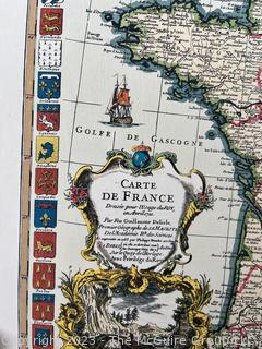 Vintage France Carte de France, Flags of France Regions Printed Using 1768 Engraved Copper Plate and Illustrated by Daniel Derveaux Print Map, circa 1960-1970s.  21.5 x 15.5"