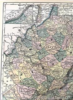 Circa 1900 Map from Geography Book Virginia and West Virginia with Reverse of Ohio and Indiana.  14" x 22"