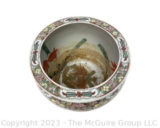 Chinese Rose Medallion on White Ground Porcelain Koi Fish Bowl Planter. Measures 8" tall x 10" diameter