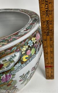 Chinese Rose Medallion on White Ground Porcelain Koi Fish Bowl Planter. Measures 8" tall x 10" diameter