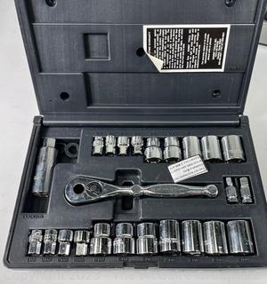 Group of Tools Including Weller Soldering Iron, Ratchet Socket Set, Heathkit 4101 Electric Switch 