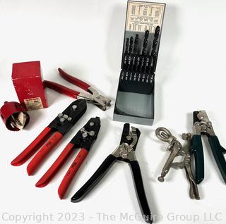 Group of Tools Including Drill Bits; Hole-saw; Metal notchers, Clamps and Wire Cutters