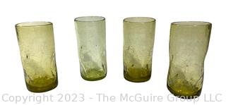 Set of Four (4) Blenko Pinched Crackle Glass Tumblers in Green. 6"T