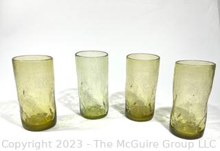 Set of Four (4) Blenko Pinched Crackle Glass Tumblers in Green. 6"T