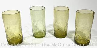 Set of Four (4) Blenko Pinched Crackle Glass Tumblers in Green. 6"T