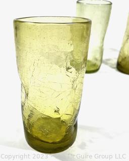 Set of Four (4) Blenko Pinched Crackle Glass Tumblers in Green. 6"T