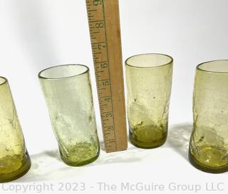 Set of Four (4) Blenko Pinched Crackle Glass Tumblers in Green. 6"T