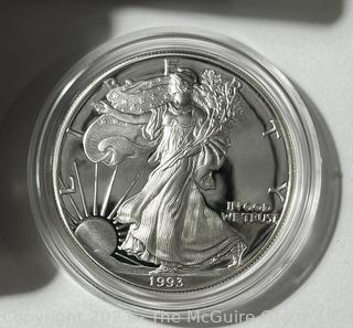 U S Mint 1991 Korean War Memorial Coin (Uncirculated Silver Dollar); U.S. Mint 1986 Liberty Silver Dollar (90%), U.S. Mint Congressional Coin 1989 Half Dollar Proof, U. S. Mint 1993 Silver American Eagle $1 Proof Coin, U.S. Mint 1982 George Washington Commemorative Half Dollar Coin 1732-1982 (90% silver)