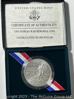 U S Mint 1991 Korean War Memorial Coin (Uncirculated Silver Dollar); U.S. Mint 1986 Liberty Silver Dollar (90%), U.S. Mint Congressional Coin 1989 Half Dollar Proof, U. S. Mint 1993 Silver American Eagle $1 Proof Coin, U.S. Mint 1982 George Washington Commemorative Half Dollar Coin 1732-1982 (90% silver)