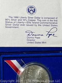 U S Mint 1991 Korean War Memorial Coin (Uncirculated Silver Dollar); U.S. Mint 1986 Liberty Silver Dollar (90%), U.S. Mint Congressional Coin 1989 Half Dollar Proof, U. S. Mint 1993 Silver American Eagle $1 Proof Coin, U.S. Mint 1982 George Washington Commemorative Half Dollar Coin 1732-1982 (90% silver)