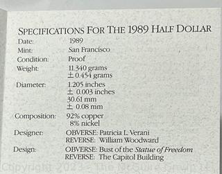 U S Mint 1991 Korean War Memorial Coin (Uncirculated Silver Dollar); U.S. Mint 1986 Liberty Silver Dollar (90%), U.S. Mint Congressional Coin 1989 Half Dollar Proof, U. S. Mint 1993 Silver American Eagle $1 Proof Coin, U.S. Mint 1982 George Washington Commemorative Half Dollar Coin 1732-1982 (90% silver)