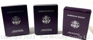 Three 1 OZ 99.9% silver "American Eagle" proof coins in presentation boxes (1993)