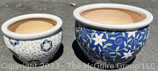 Two (2) Hand Painted Ceramic Garden Planters. Smaller pot around 7"T