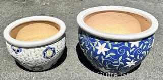 Two (2) Hand Painted Ceramic Garden Planters. Smaller pot around 7"T