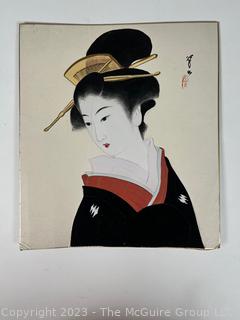 Original Japanese Gouache Paint on Card Board of Geisha.  9" x 11"