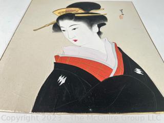 Original Japanese Gouache Paint on Card Board of Geisha.  9" x 11"