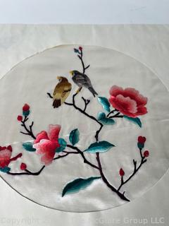 Japanese Embroidery On White Silk of Bird on Cherry Tree.