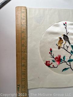 Japanese Embroidery On White Silk of Bird on Cherry Tree.