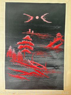 Japanese Black with Red Embroidery On Silk "The Cloud On Distant Hill".  11" x 16"