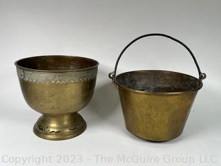 Brass Footed Bowl and Kettle with Handle. Bowl is 9"T