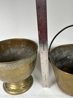 Brass Footed Bowl and Kettle with Handle. Bowl is 9"T