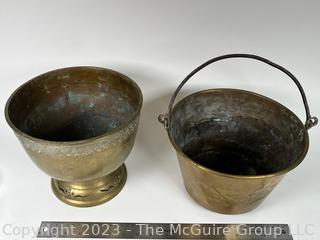 Brass Footed Bowl and Kettle with Handle. Bowl is 9"T