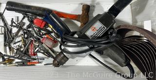 Group of Tools Including Black & Decker Speed Drill, Bits, Hammer and Sanding Belts