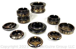 Group of Black, Made in Greece Terracotta 24K Gold Decorated Set of Ashtrays