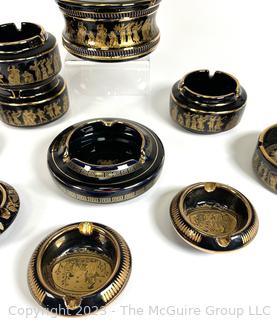 Group of Black, Made in Greece Terracotta 24K Gold Decorated Set of Ashtrays