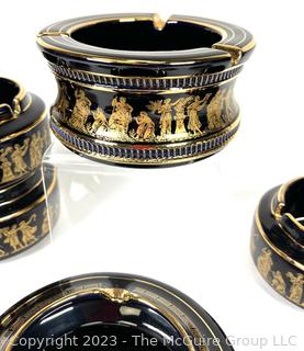 Group of Black, Made in Greece Terracotta 24K Gold Decorated Set of Ashtrays