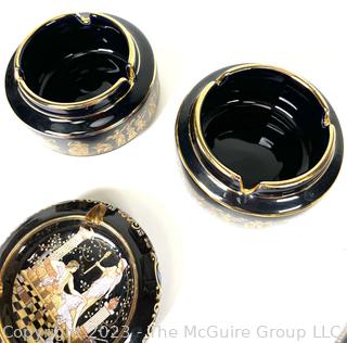 Group of Black, Made in Greece Terracotta 24K Gold Decorated Set of Ashtrays