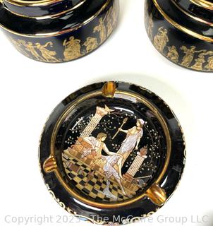 Group of Black, Made in Greece Terracotta 24K Gold Decorated Set of Ashtrays