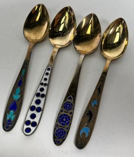 Collection of Porcelain and Metal Decorative Items Including Enamel Painted Spoons