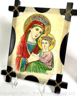 Collection of Decorative Items Including Greek Hand Painted Icon on Animal Hide. 