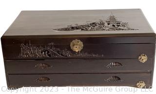 Carved Chinese Silver Flatware Table Top Chest or Trunk with Mirror Back and Drawers. 15" x  25" x 11"