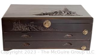 Carved Chinese Silver Flatware Table Top Chest or Trunk with Mirror Back and Drawers. 15" x  25" x 11"