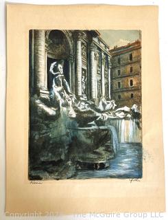 Framed Under Glass Hand Colored Lithograph of Trevi Fountain, Rome Italy Signed by Artist.  Signature Illegible. 