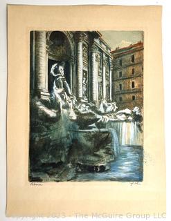 Framed Under Glass Hand Colored Lithograph of Trevi Fountain, Rome Italy Signed by Artist.  Signature Illegible. 