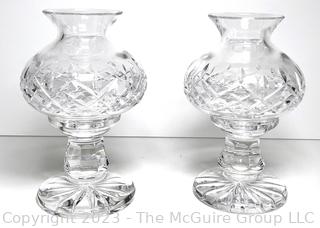 Pair of Waterford Crystal Alana Fairy Light Hurricane Lamps Candle Votives.   7"T