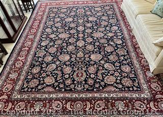 Kashan Hand Made Wool Rug Red on Navy Ground. 8' x 11'