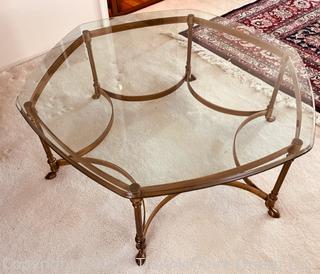 Round Glass Top Coffee Table with Brass Scalloped Base.  