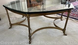 Round Glass Top Coffee Table with Brass Scalloped Base.  