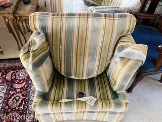 Blue Velvet Striped Barrel Back Lounge Chair. This is the first of two offered in this auction.  29"w x 21"d x 25"t