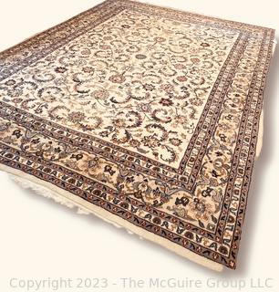 Hand Woven Narenj Paisley Wool Rug with Navy on Beige Ground. 100" x 135"