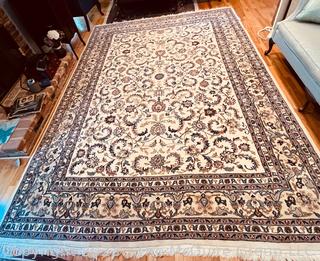 Hand Woven Narenj Paisley Wool Rug with Navy on Beige Ground. 100" x 135"