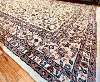 Hand Woven Narenj Paisley Wool Rug with Navy on Beige Ground. 100" x 135"