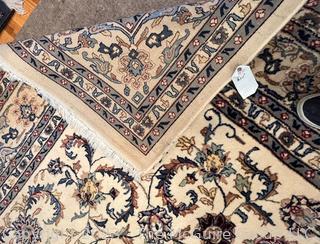 Hand Woven Narenj Paisley Wool Rug with Navy on Beige Ground. 100" x 135"